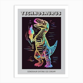 Neon Dinosaur Line Illustration Eating Ice Cream Poster Art Print