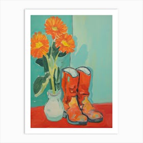 Painting Of Flowers And Cowboy Boots, Oil Style 1 Art Print