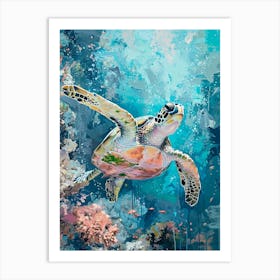 Paint Splash Pastel Sea Turtle With The Coral Art Print