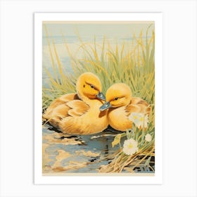 Ducklings Staying Warm Together Japanese Woodblock Style 1 Art Print