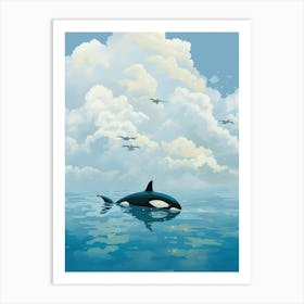 Modern Orca Whale Drawing With Clouds And Birds Art Print