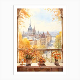 Window View Of Budapest Hungary In Autumn Fall, Watercolour 3 Art Print