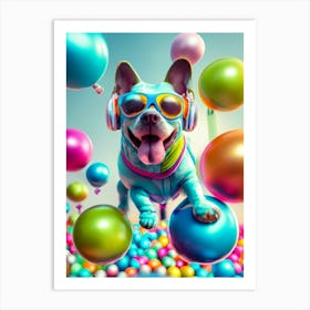 Dog With Headphones And Balloons Art Print