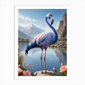 Floral Blue Flamingo Painting (39) Art Print