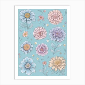 Dreamshaper V7 Colourful Sketched Flowers Pastel Hues Light Bl 2 Art Print