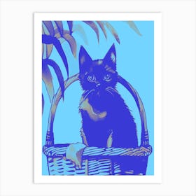 Kitty Cat In A Basket Light Blue Art Print