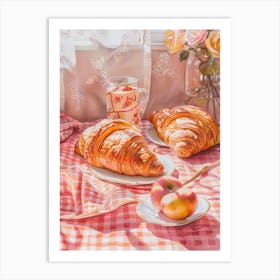Pink Breakfast Food Bread, Croissants And Fruits 3 Art Print