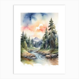 Taiga watercolor landscape, high quality watercolor forest background.15 Art Print