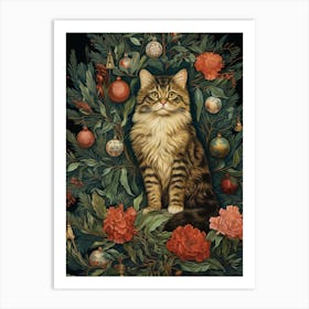 William Morris Style Christmas Cat 8 Art Print