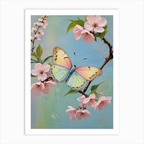 Pastel Coloured Butterfly On Cherry Blossoms Art Print