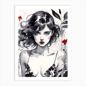 Selective Colour Portrait Of A Beautiful Girl Black And White Painting Art Print