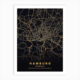 Hamburg Germany Black And Gold Map Art Print