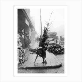 Little Boy With Christmas Tree, Vintage Black and White Old Photo Art Print