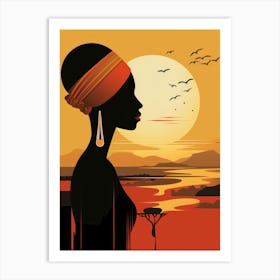 African Woman Silhouette At Sunset Art Print