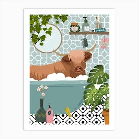 Highland Cow in Blue Botanical Bathtub Affiche