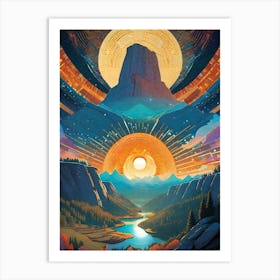 Journey Of The Sun ~ Top of The Mountain - Imagined Visionary Psychedelic Mandala Fractals Fantasy Artwork Sun Moon Yoga Spiritual Awakening Meditation Wall Room Decor Sunset Art Print