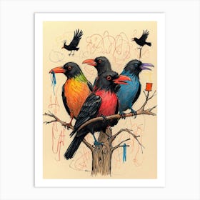 Four Birds In A Tree Art Print