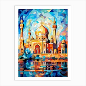 Taj Mahal at Night, Modern Abstract Vibrant Painting in Cubism Style Art Print