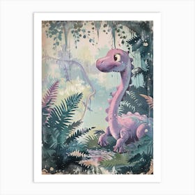 Cute Dinosaur In The Leaves Storybook Style 1 Art Print