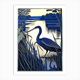 Blue Heron On Lake Vintage Linocut 1 Art Print