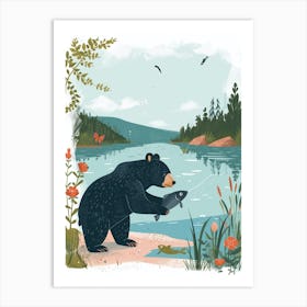 American Black Bear Catching Fish In A Tranquil Lake Storybook Illustration 4 Art Print
