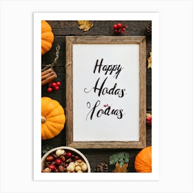 Cursive Calligraphy Depicting Happy Holidays Nestled Among A Vintage Wood Framed Composition Feat (4) Art Print