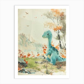 Dinosaur In The Woodland Meadow Storybook Style Painting 1 Art Print