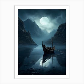 Viking Boat In The Moonlight Art Print