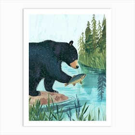 American Black Bear Catching Fish In A Tranquil Lake Storybook Illustration 2 Art Print