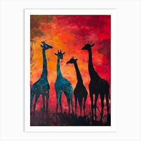 Giraffe Herd In The Red Sunset 2 Art Print