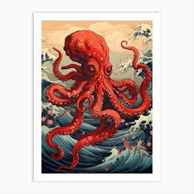 Octopus Animal Drawing In The Style Of Ukiyo E 2 Art Print