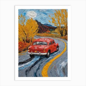 Old Car On A Road Between Autumn Trees Art Print