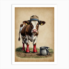 Cow In Red Boots Art Print