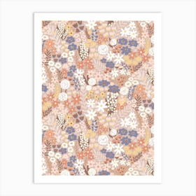 Flower Meadow Garden Blue Peach Mauve Yellow Art Print