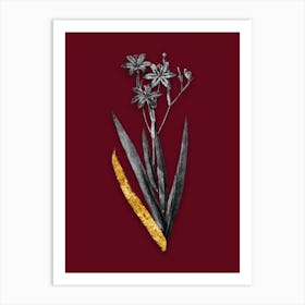 Vintage Blackberry Lily Black and White Gold Leaf Floral Art on Burgundy Red n.0682 Art Print