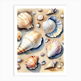 Seashells on the beach, watercolor painting Art Print