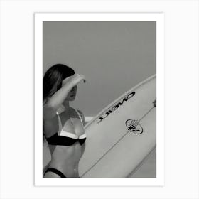 Woman Surfing Vintage Surf Black And White Beach Photography Art Print