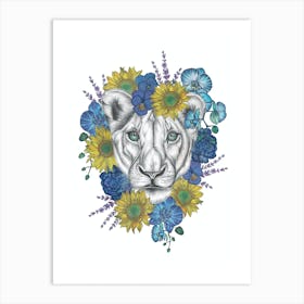 Lioness Blue Yellow Art Print