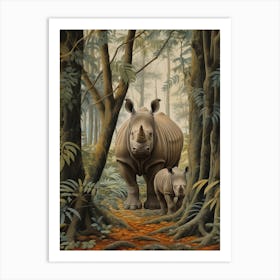 Rhino & Baby Rhino Exploring The Forest Realistic Illustration Art Print