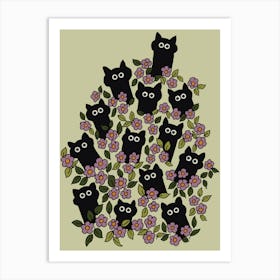 Cute Black Cats Popping Out In Purple Wild Flowers Garden Beautiful Art Art Print
