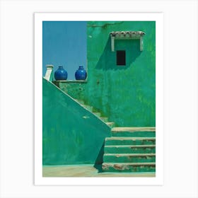 Green House With Blue Pots Art Print