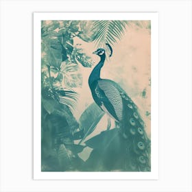 Vintage Peacock With Tropical Leaves Cyanotype Inspired 1 Art Print