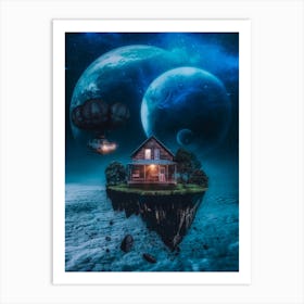 Rock Floating Wood House In Space Art Print