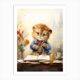 Writing Watercolour Lion Art Painting 1 Art Print