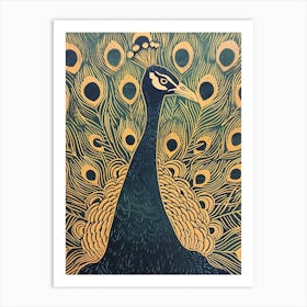 Blue Mustard Linocut Inspired Peacock Feather 2 Art Print