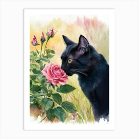 Black Cat Smelling Roses Art Print