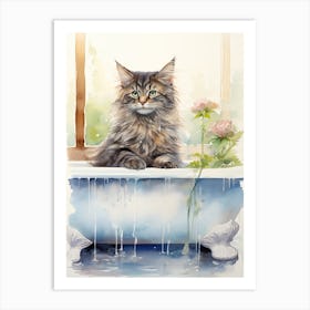 Maine Coon Cat In Bathtub Botanical Bathroom 1 Art Print