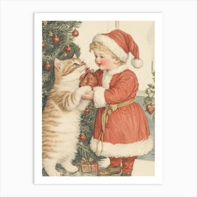 Santa Kid And Cat Art Print