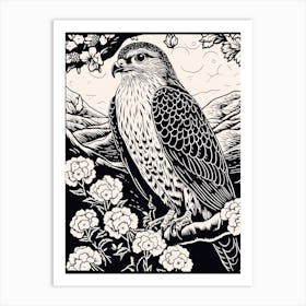 B&W Bird Linocut Red Tailed Hawk 2 Art Print