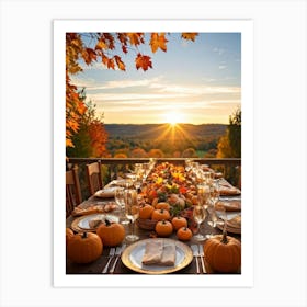 An Autumnal Thanksgiving Dinner Setting Where The Wooden Table Basks Under Golden Afternoon Sun A (5) Art Print